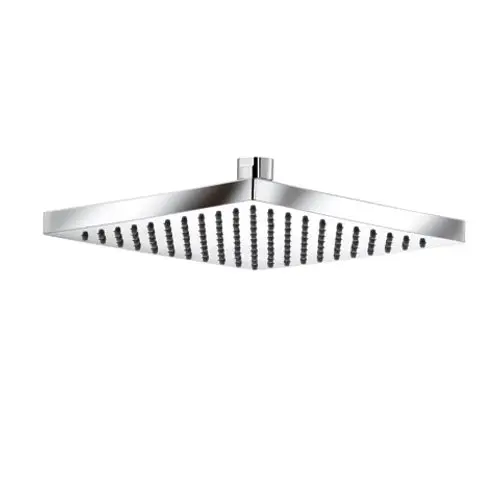 Kludi Duschkopf in quadratischer Form mit mehreren Düsen, montiert an einem zentralen Anschluss. Oberfläche aus glänzendem Metall.